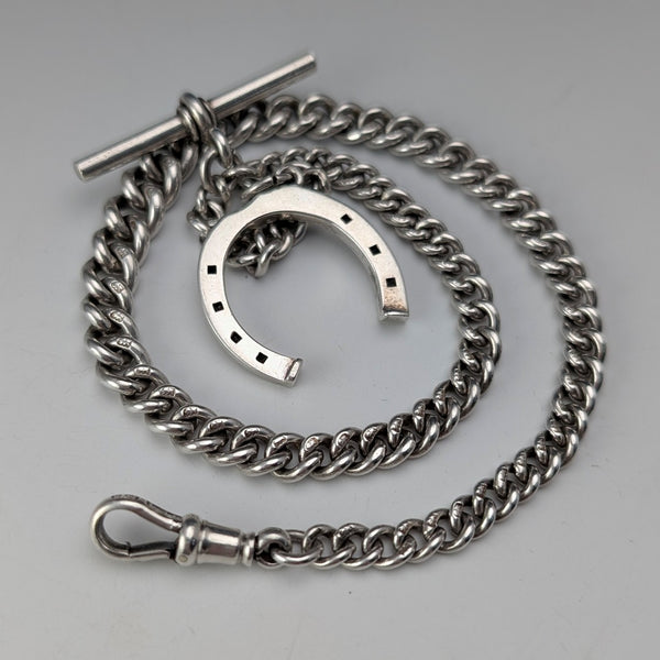 1900 Antique British Sterling Silver Albert Chain, 36g, with Sterling Silver Horseshoe FOB.